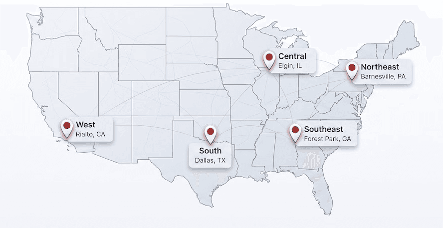 Map of the United States showing Enoch Packaging's five regional stocking locations: West in Rialto, CA; South in Dallas, TX; Central in Elgin, IL; Southeast in Forest Park, GA; and Northeast in Barnesville, PA.